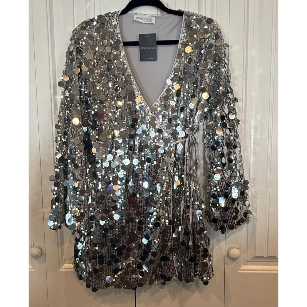 Impressions Silver Sequin Wrap Mini Dress Women's Medium Bell Sleeve Party NWT